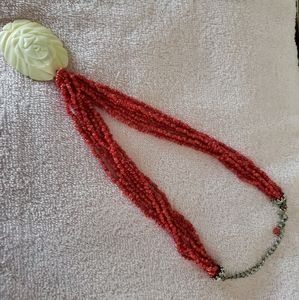 Seed bead and simulated Ivory carved rose necklace